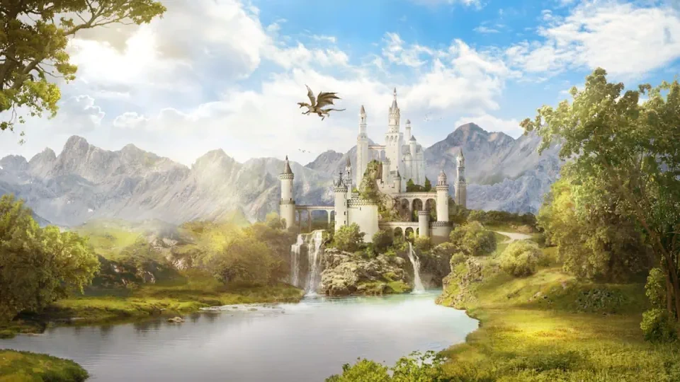 A white castle by a lake in a verdant valley, a dragon flying overhead