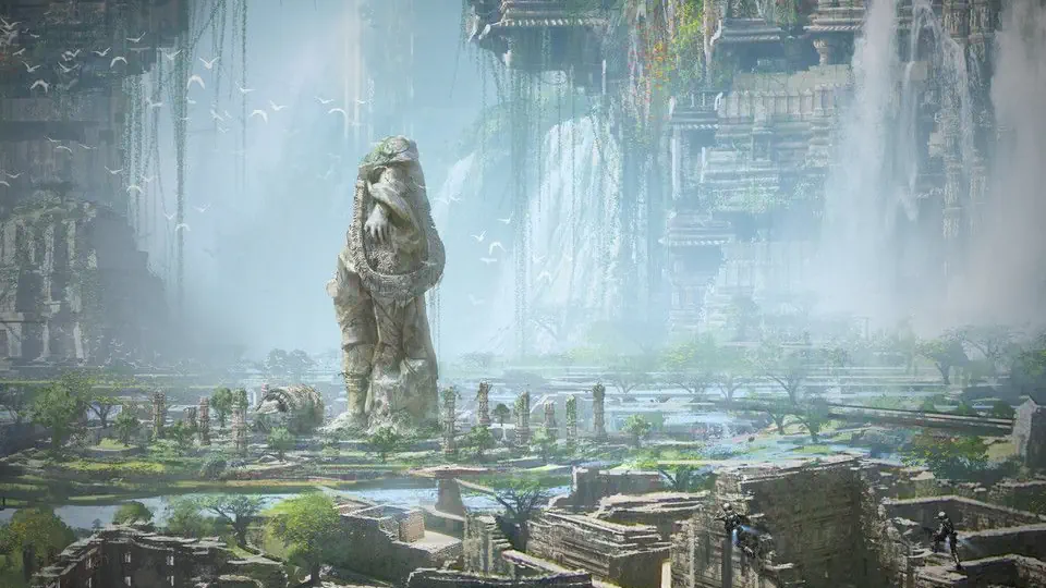 A statue standing amidst ancient ruins