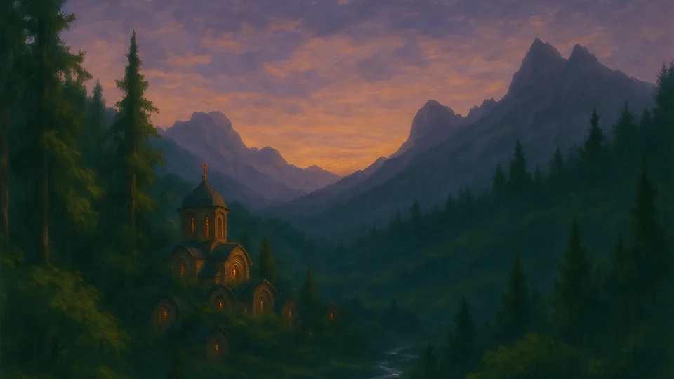 A heavily forested valley under a twilight sky